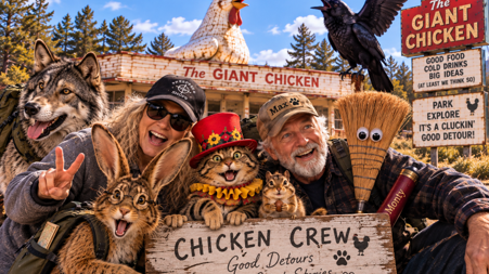 Group photo in front of the Giant Chicken: Jo, Max and the crew with a “Chicken Crew” sign.