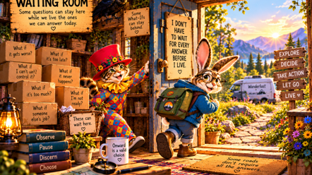 Rabbit, wearing a backpack, walks out of the Waiting Room toward a sunny trail; a sign reads “I don’t have to wait for every answer before I live.”