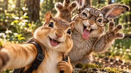 Charlene and Rabbit take a cheerful selfie in the forest.