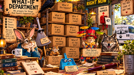 Rabbit sits with her chin in her hands in the What-If Department, surrounded by labeled boxes, as Plate Spinner, Wolf and others look on.