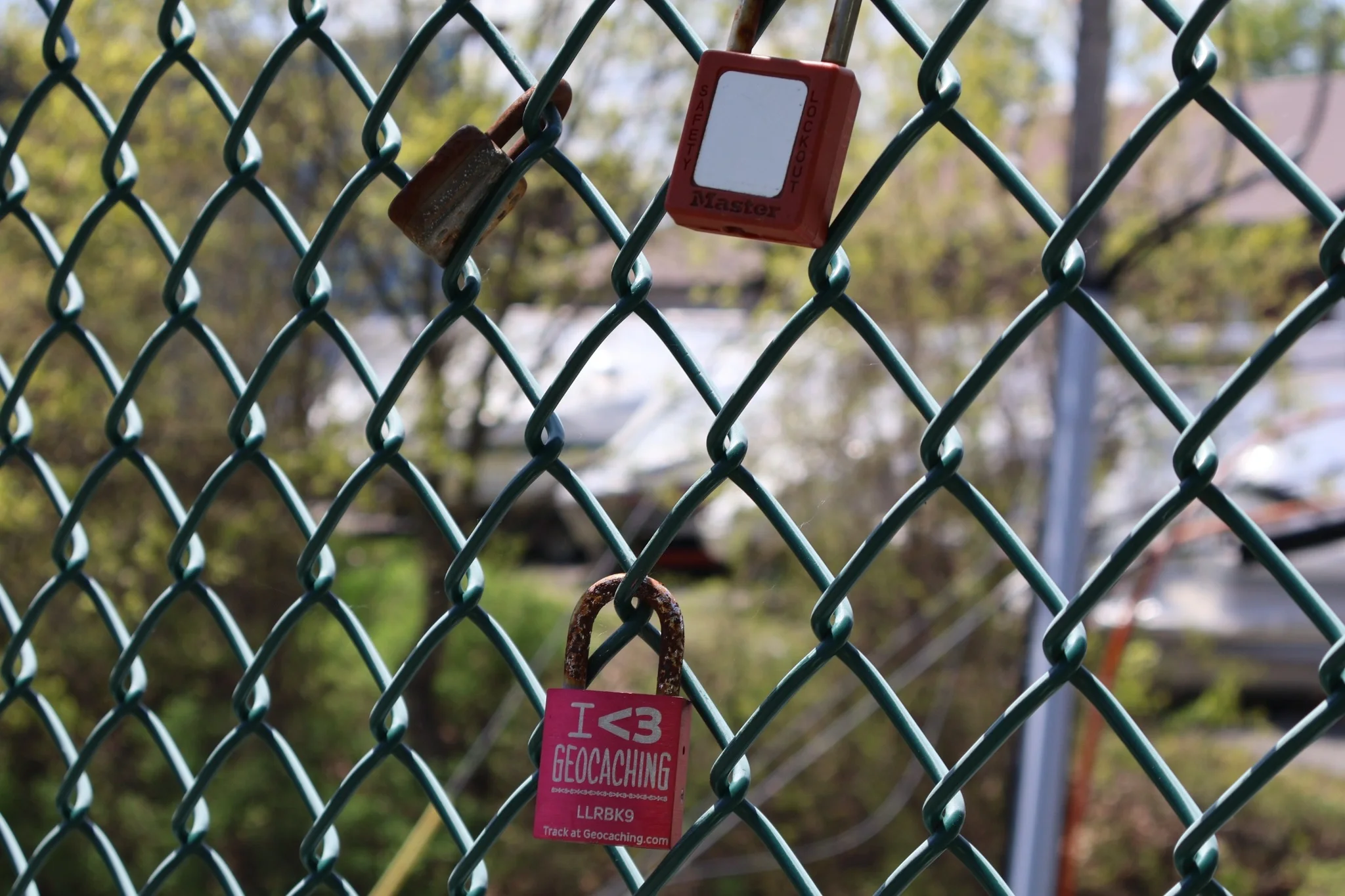 Padlocks and a red square marker hang from a green chain-link fence.