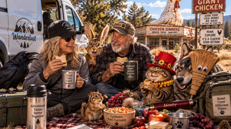 A picnic in front of the Giant Chicken: Jo and Max with mugs, the crew around a blanket with cashews.