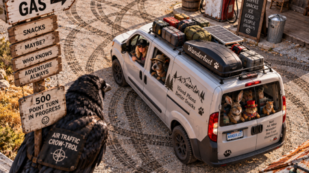 Seen from above, Wanderlust turns around in a gas station lot while Crow, in an “Air Traffic Crow-Trol” vest, stands by a sign reading “500 point turn in progress.”