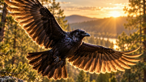 Crow flies with wings spread over the forest at sunset.