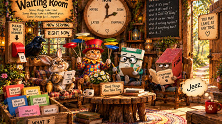 The Waiting Room, with a large clock, a “Now Serving: Right Now” sign and a take-a-number dispenser, where Rabbit, Plate Spinner and other crew members wait.