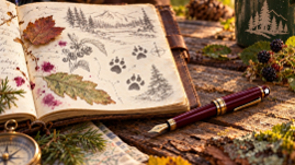 The field journal and fountain pen on the table.