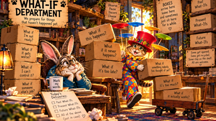 Rabbit rests her chin on her hands while Plate Spinner sorts boxes of “What if” questions.