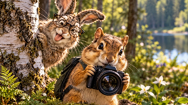 Rabbit, wearing glasses, peeks around a birch tree while Charlene the chipmunk holds a camera beside a lake.