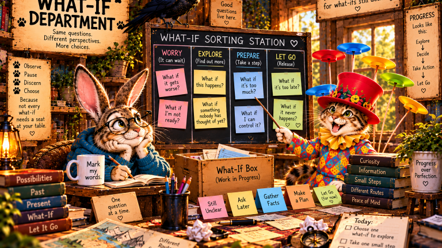 Plate Spinner points to the What-If Sorting Station chalkboard — Worry, Explore, Prepare, Let Go — as Rabbit watches from her desk.