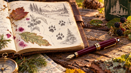 The field journal, fountain pen and compass on a wooden table.