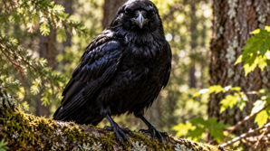 Crow perches on a mossy log in the forest.