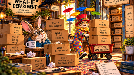 Rabbit and Plate Spinner among boxes of “What if” questions, beside a red wagon labeled “Off to the Waiting Room.”