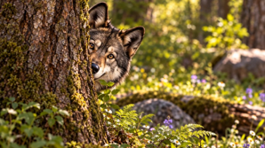 Wolf peers out from behind a large tree in a sunlit forest.