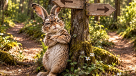 Rabbit leans against the arrow signpost on the trail.