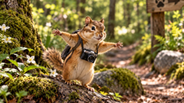 Charlene, a camera around her neck, stands with arms spread on a forest trail near a signpost.