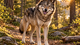 Wolf stands on a forest path.