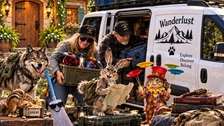 Jo and Max load gear into the Wanderlust van while the crew gathers around with a map, a cashew box and spinning plates.