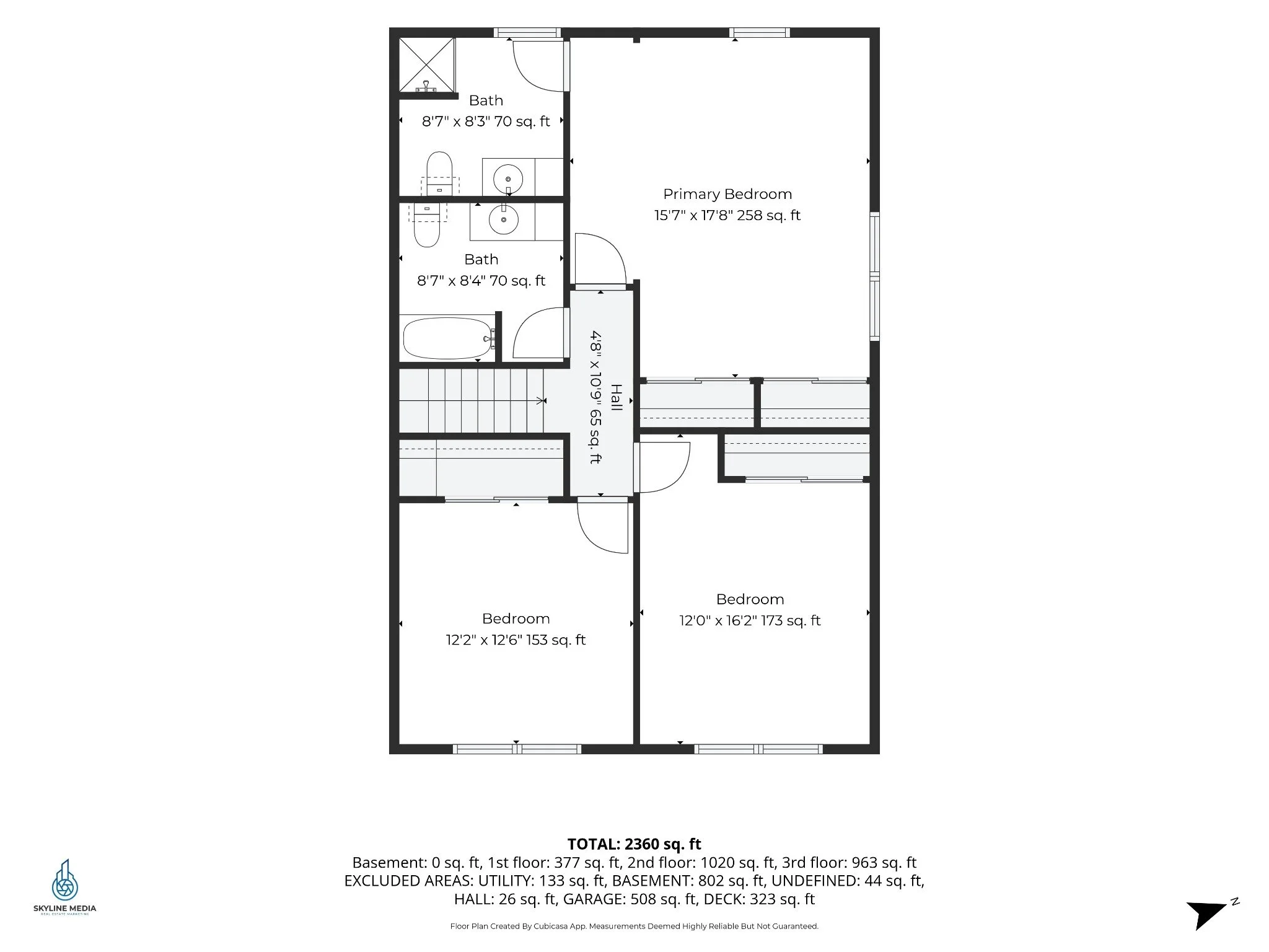 Third-floor plan of 7 Twin Street, Windham, NH, showing three bedrooms and two bathrooms and room dimensions