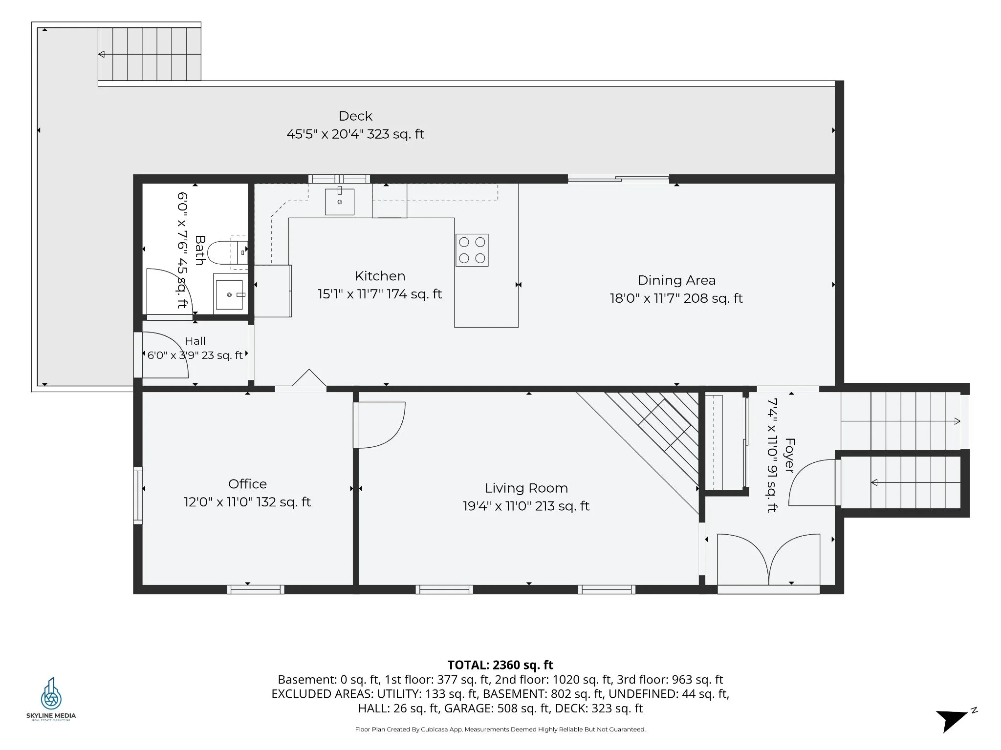 Second-floor plan of 7 Twin Street, Windham, NH, showing kitchen, dining area, living room, office, bath, and deck and room dimensions