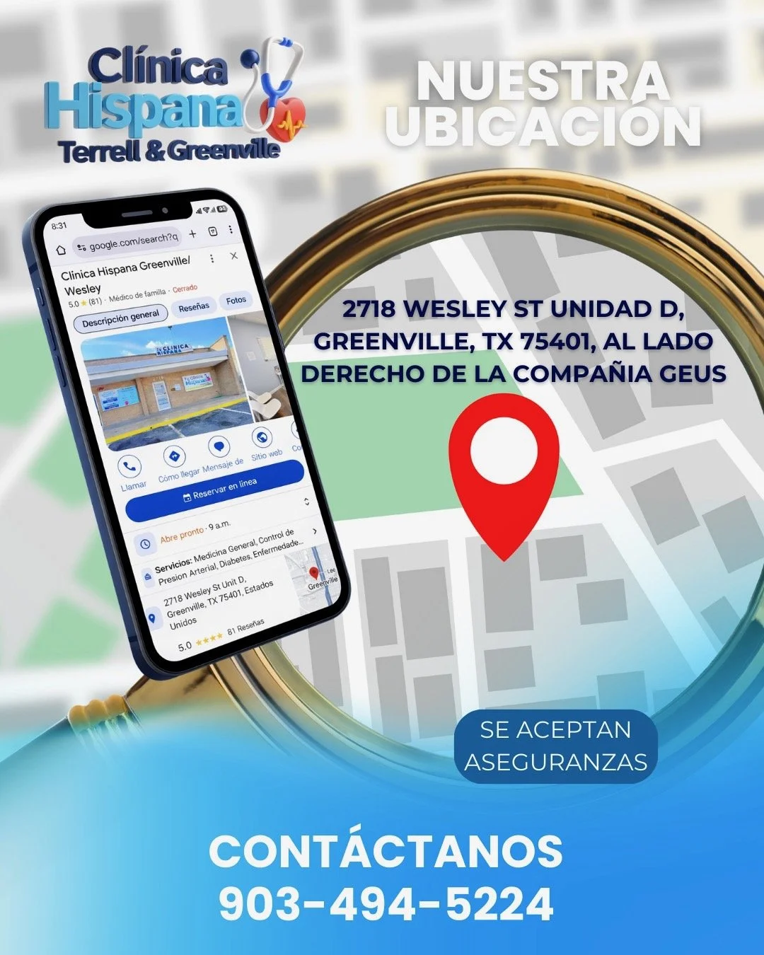 Ubicación de Clínica Hispana Greenville: 2718 Wesley St, Unit D, Greenville, TX 75401. Teléfono 903-494-5224.