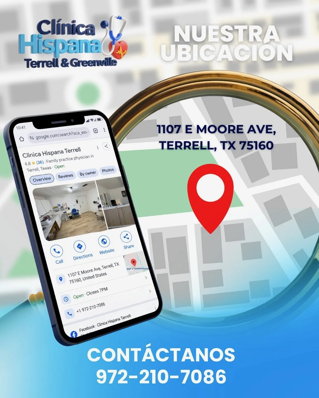 Ubicación de Clínica Hispana Terrell: 1107 E Moore Ave, Terrell, TX 75160. Teléfono 972-210-7086.