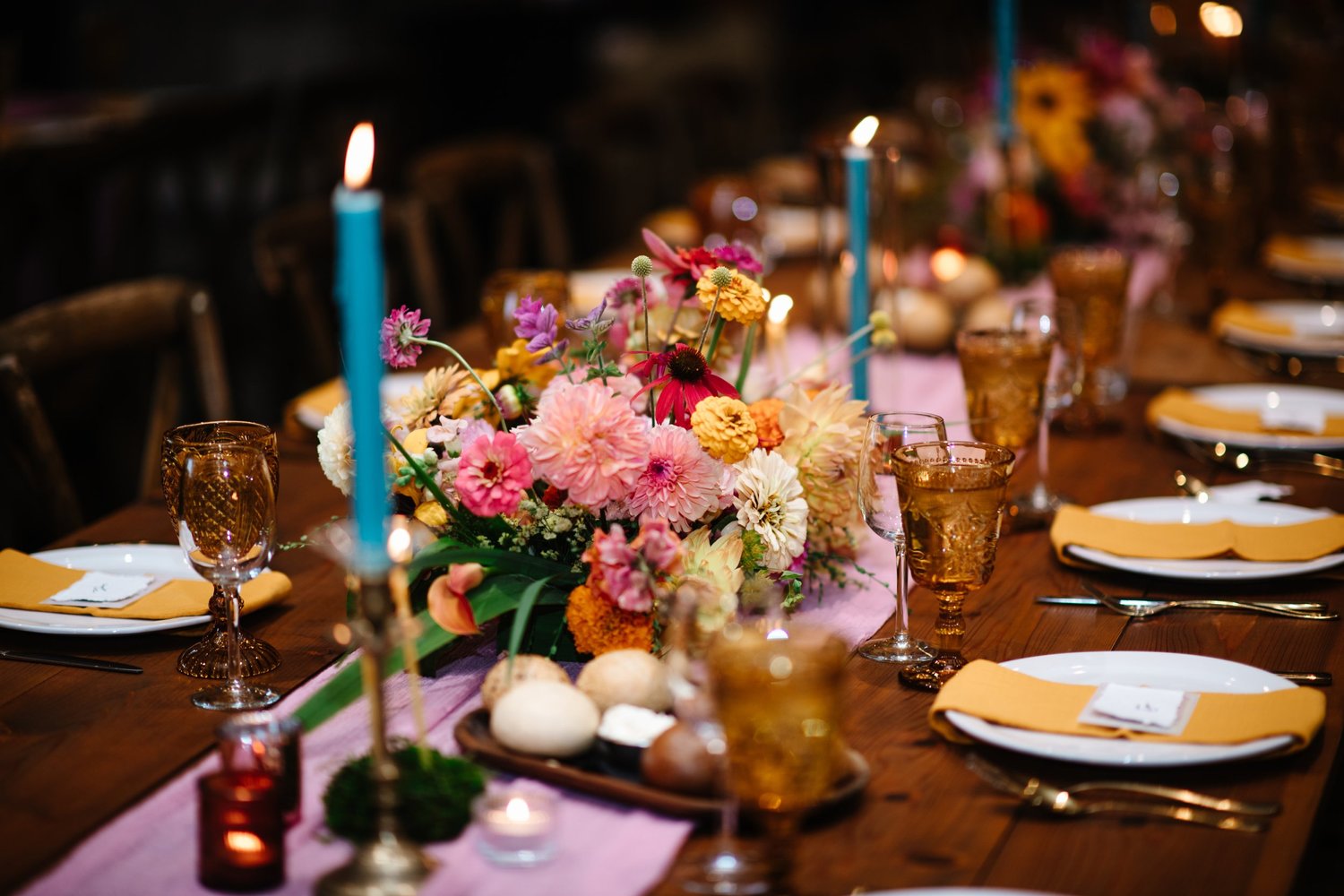 The long tables set for dinner