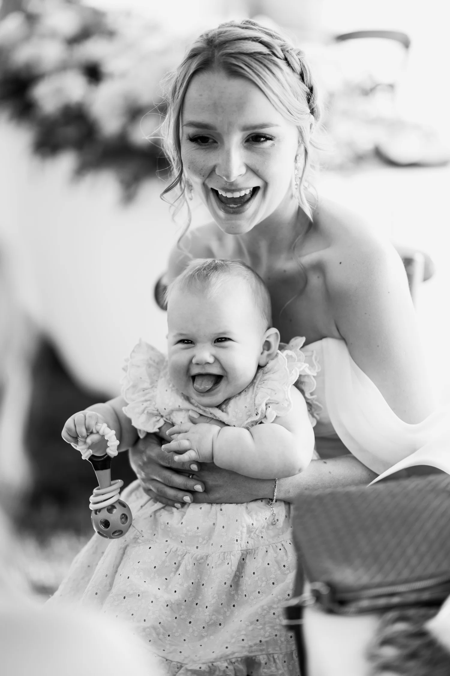 Charlie with a little one, in black and white