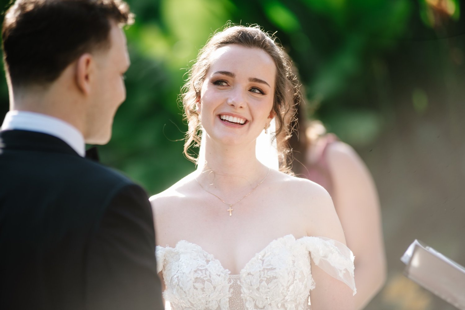 The bride smiling