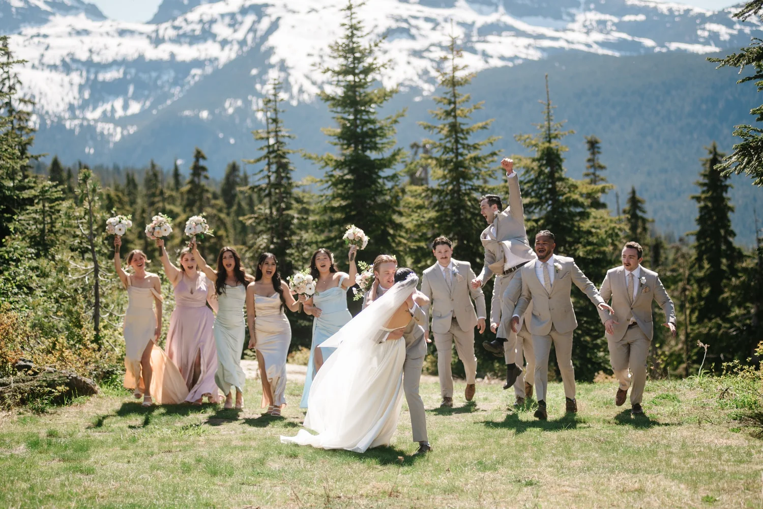 The wedding party celebrating in a mountain meadow