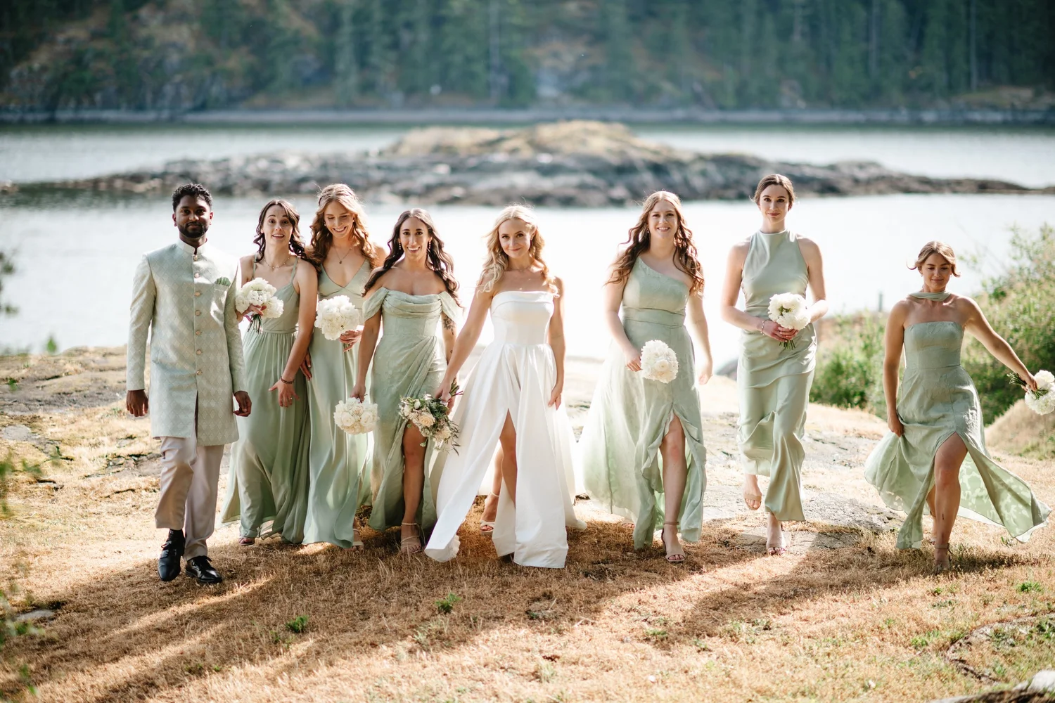 Megan with her bridesmaids on the beach