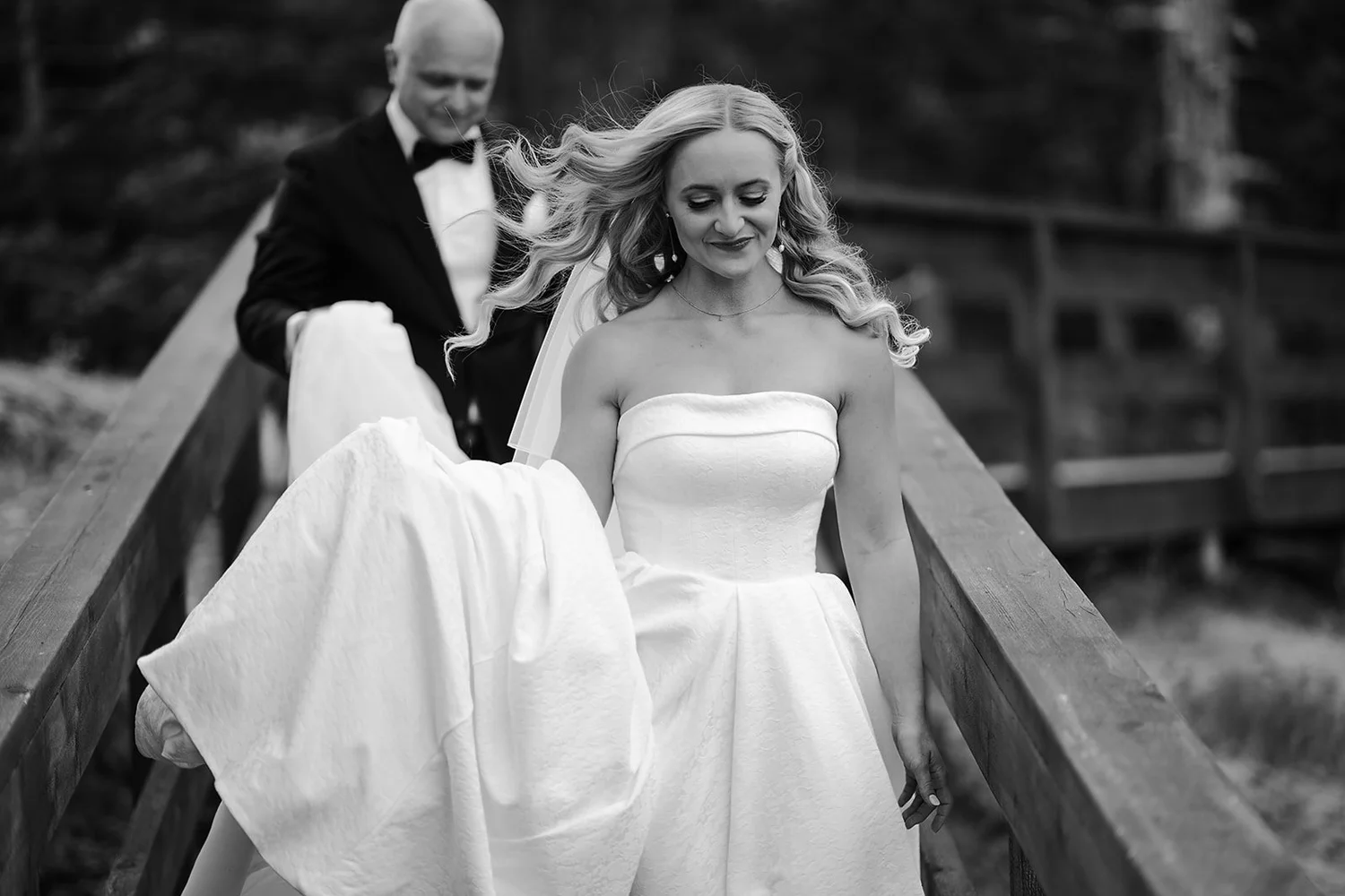 Megan and her dad on the way to the ceremony, in black and white
