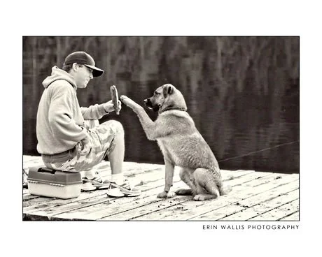 a boy and his dog play at the lake