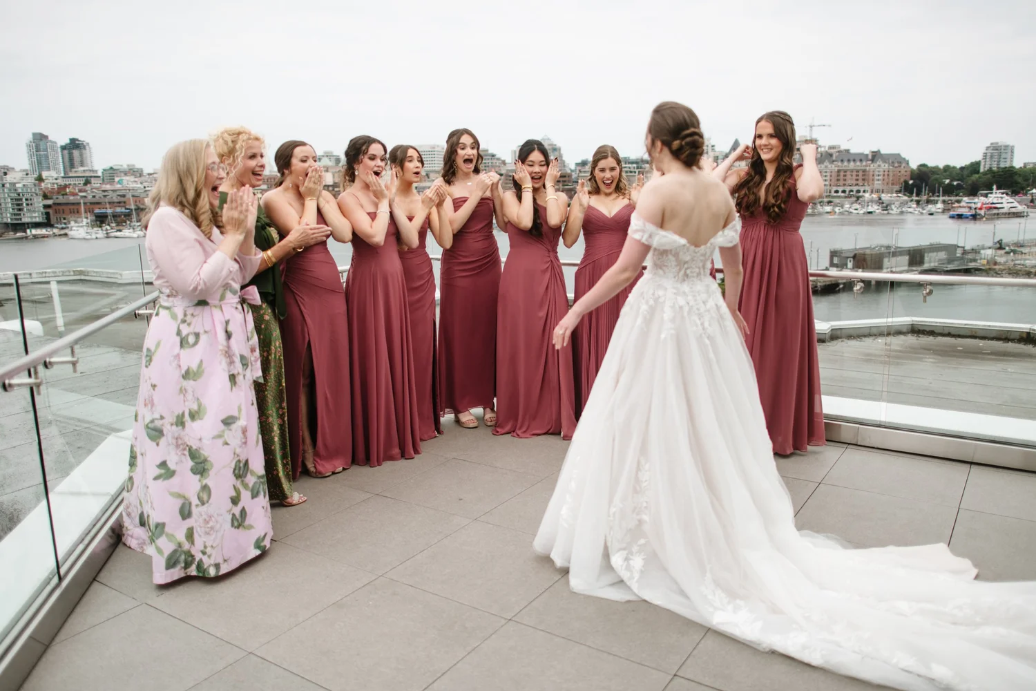 The bridesmaids in rose dresses