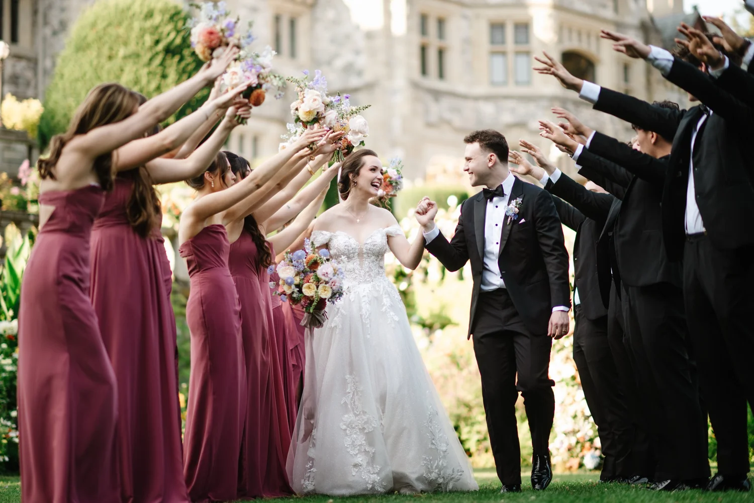 The wedding party celebrating with the couple