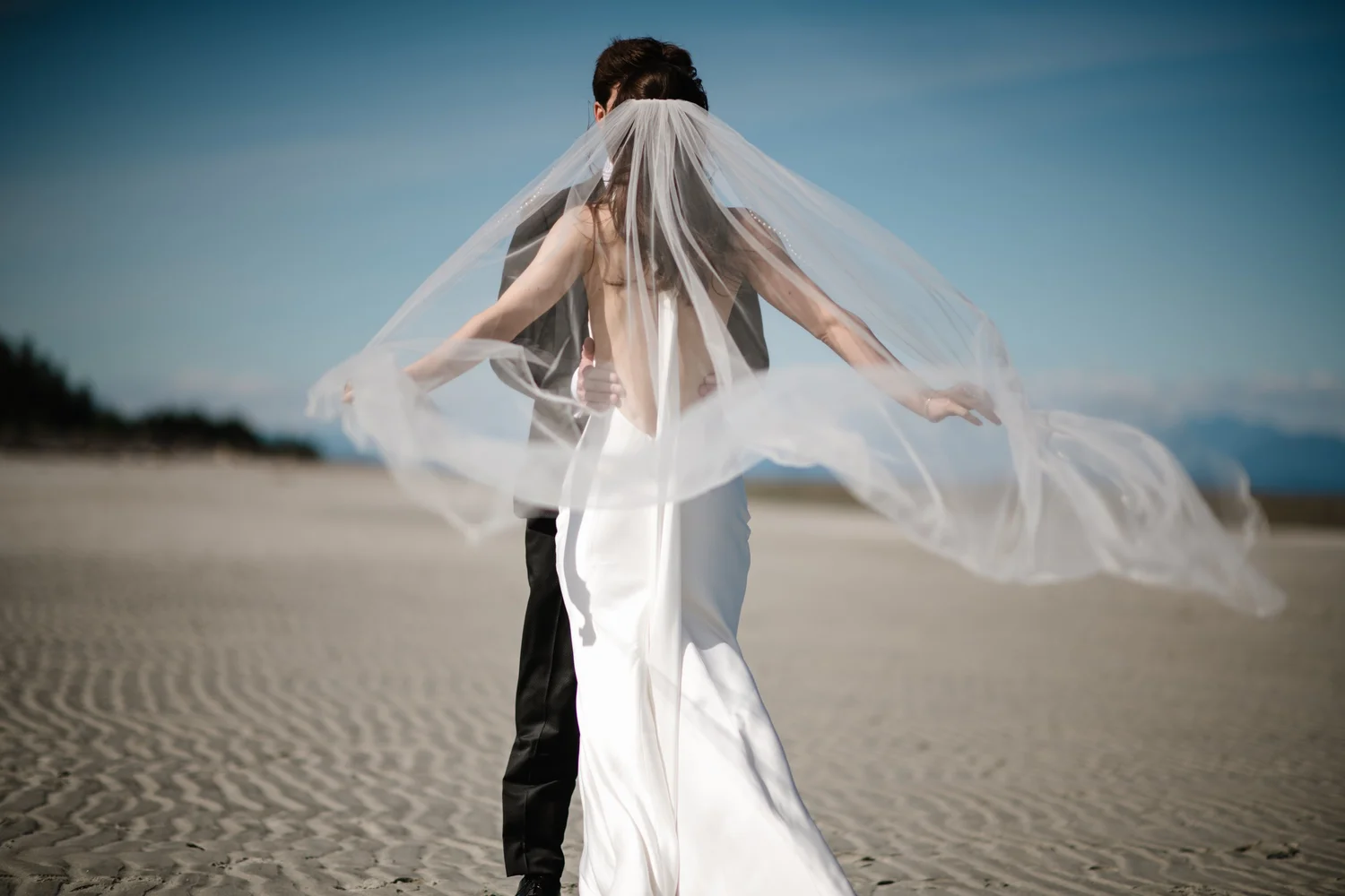 Dana and Cole as the wind lifts her veil
