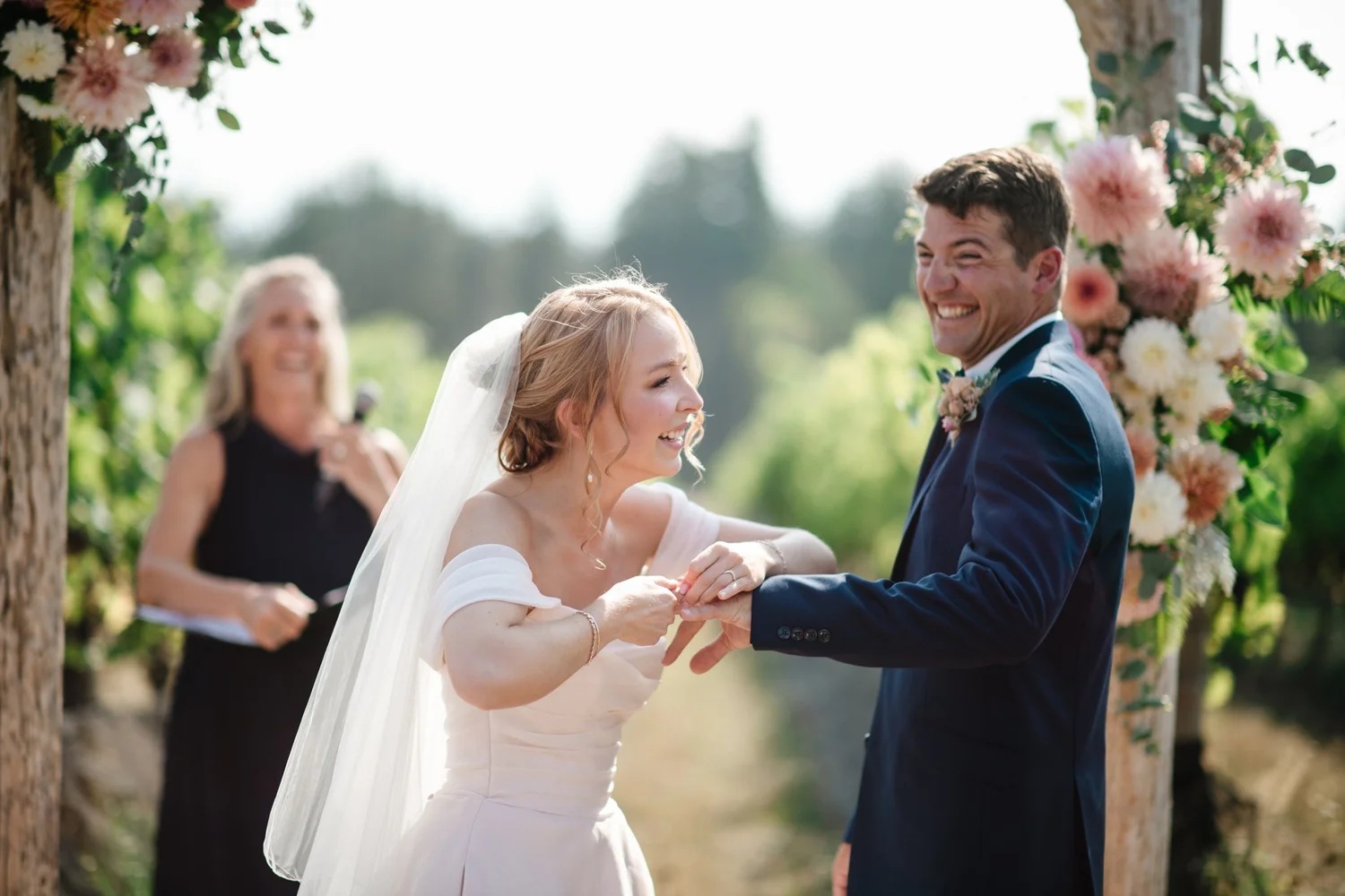 Charlie and Myles laughing through their vows