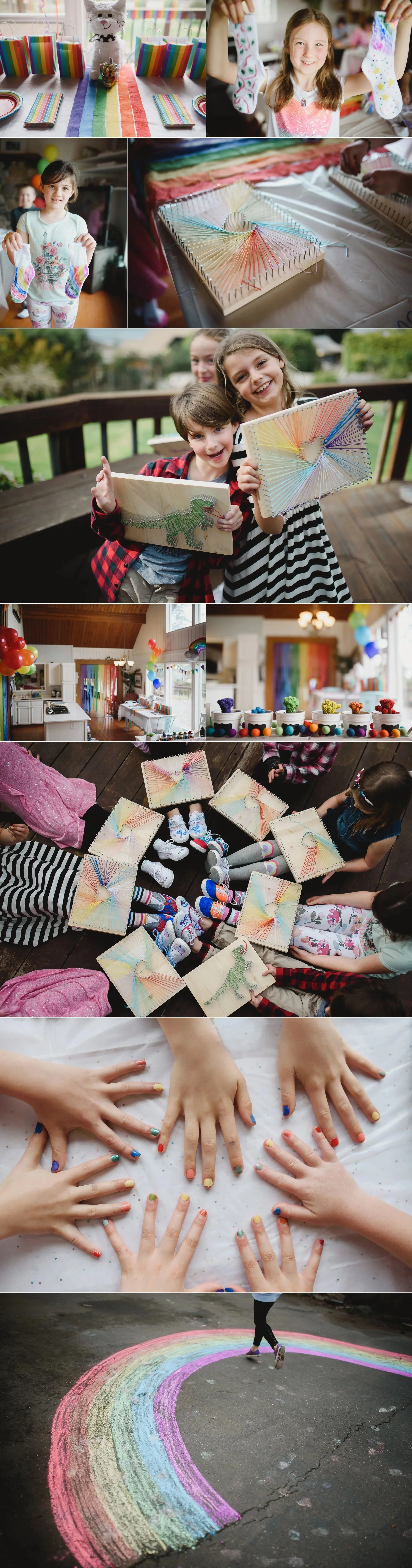 rainbow art craft birthday party, sharpie socks, embroidery thread nail boards, sharpie tie die