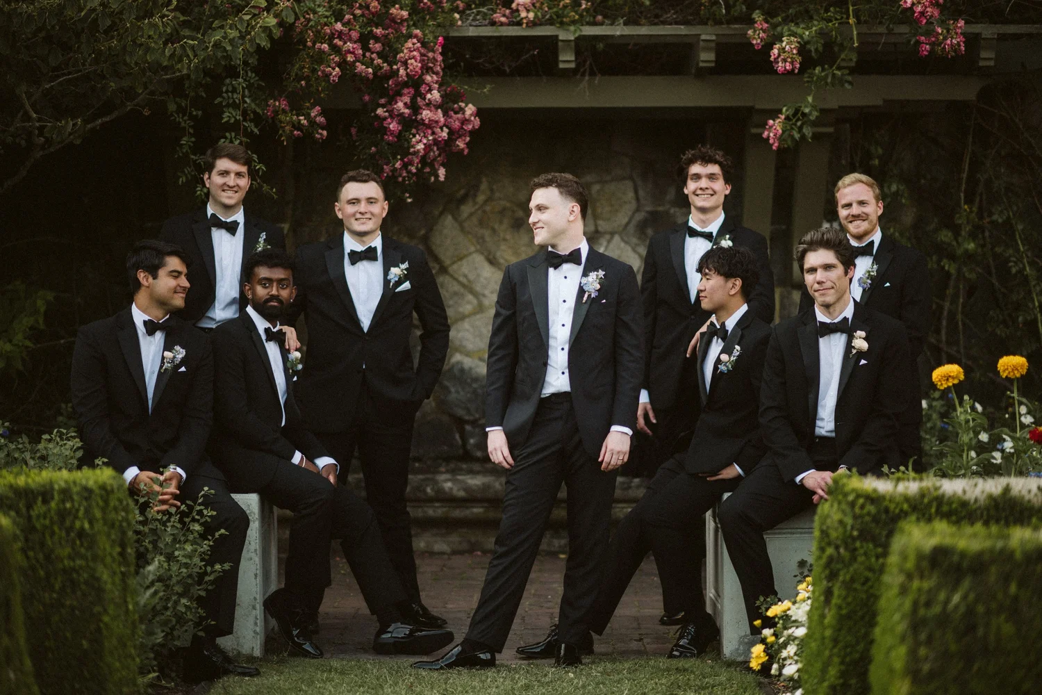 The groomsmen in the castle gardens