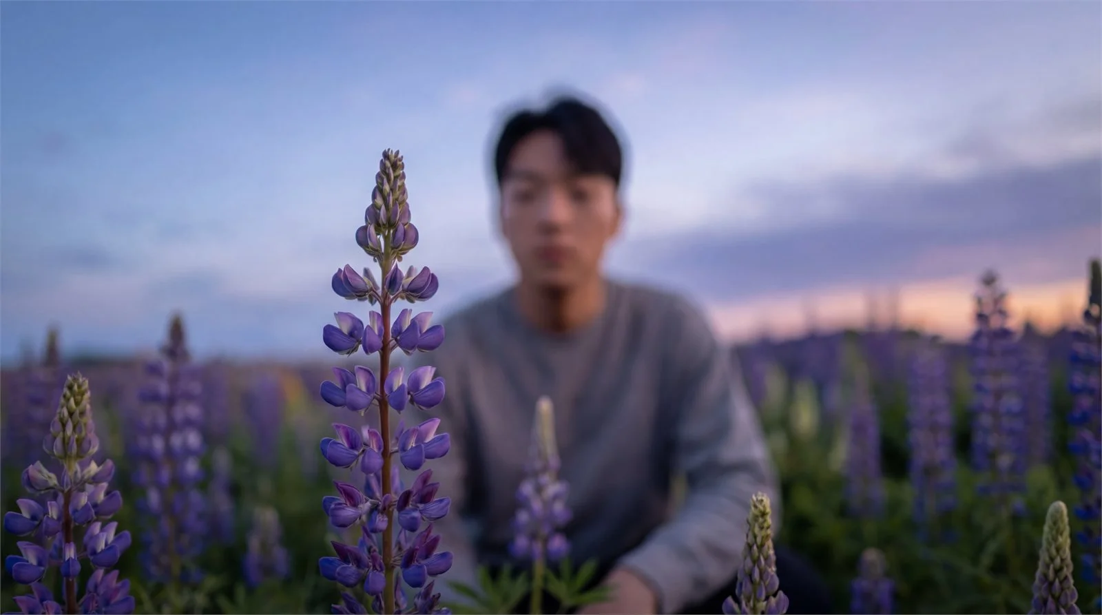 Purple lupines standing in the foreground of a field at dusk, a figure out of focus behind them.