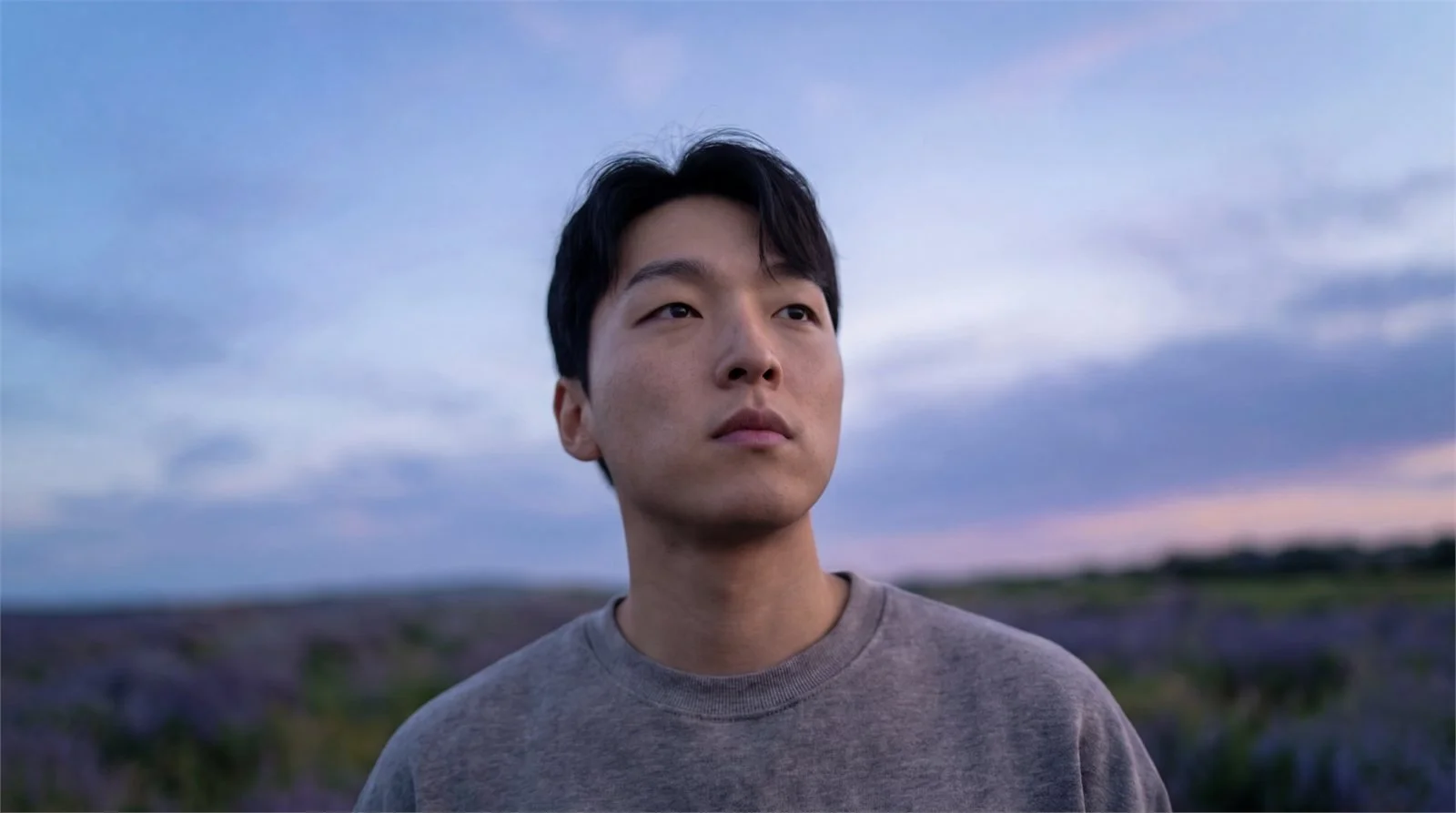 A young man looking up against a dusk sky over a lavender field.