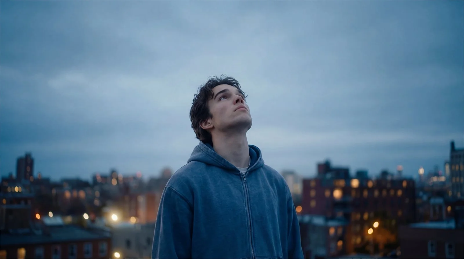 A figure in a blue hoodie looking up against city rooftops at dusk.