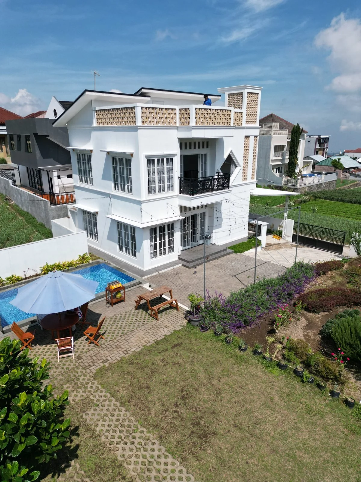 Home with a garden and pool viewed from above