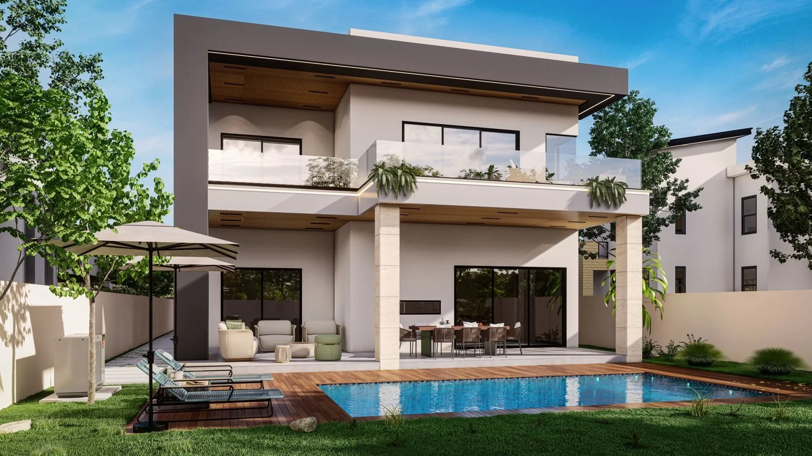 Modern home with pool and outdoor patio