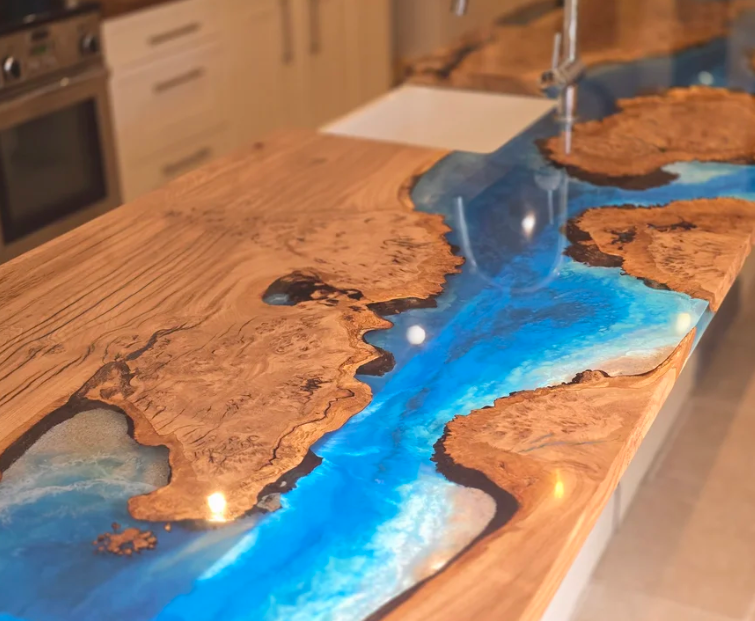 Ocean resin and oak kitchen island close-up