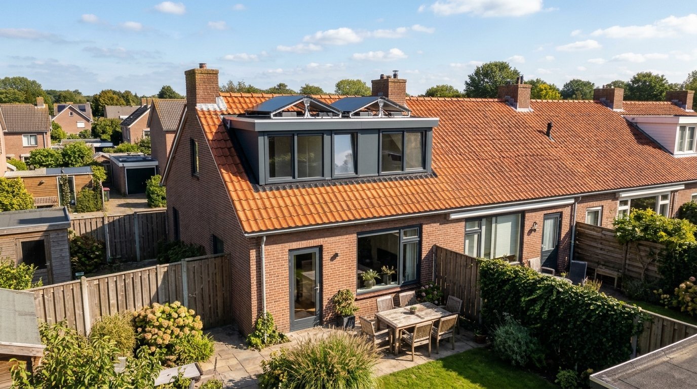Achterkant van een rijtjeshuis met een brede dakkapel met plat dak en zonnepanelen op een laag frame