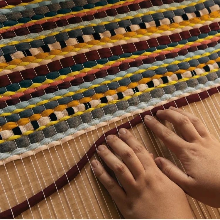 Hands weaving colorful fabric strips on a loom