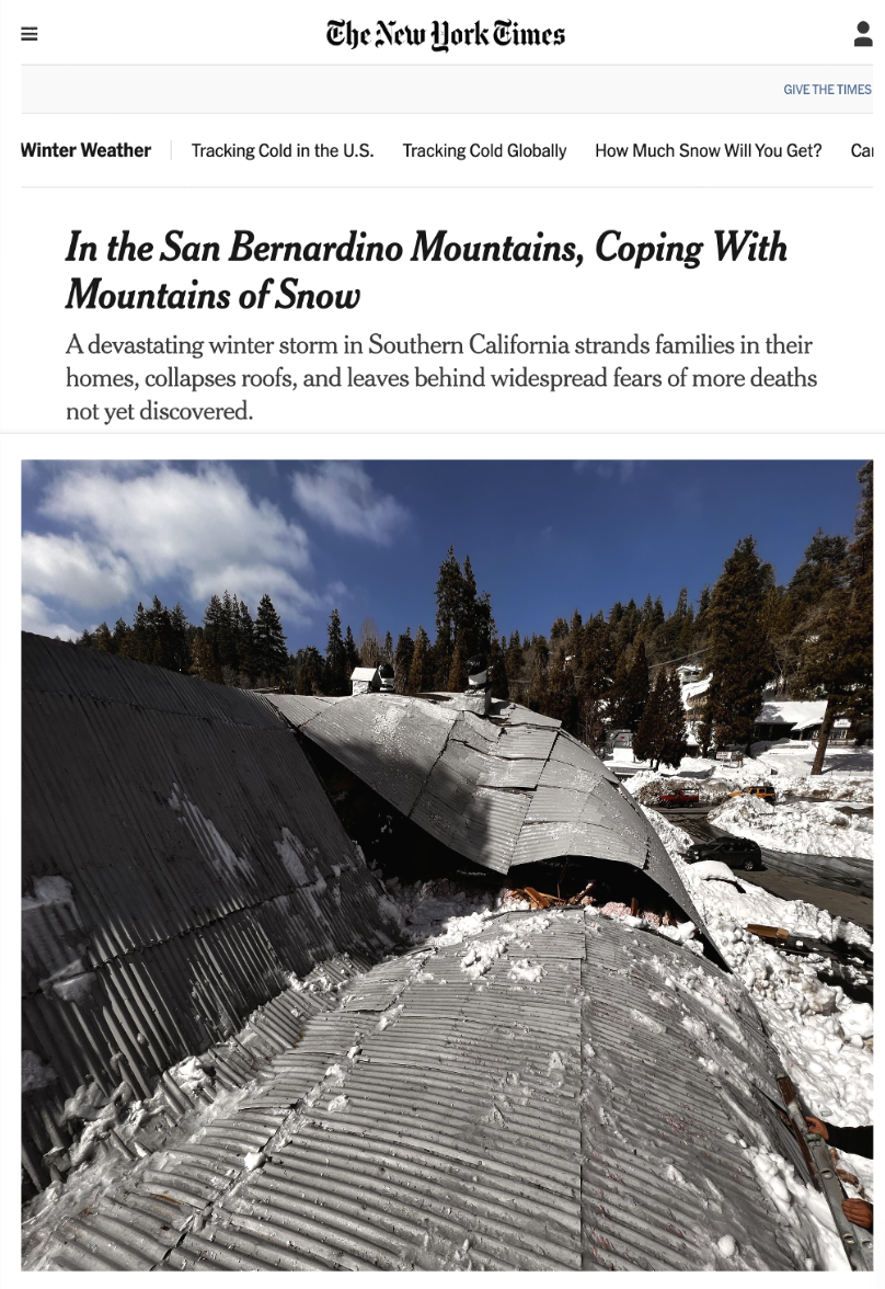 The New York Times article: In the San Bernardino Mountains, Coping With Mountains of Snow, with a photo of the collapsed roof