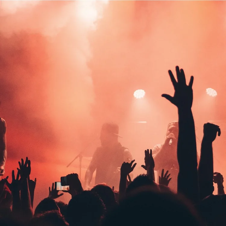 Raised hands at a concert in red stage light