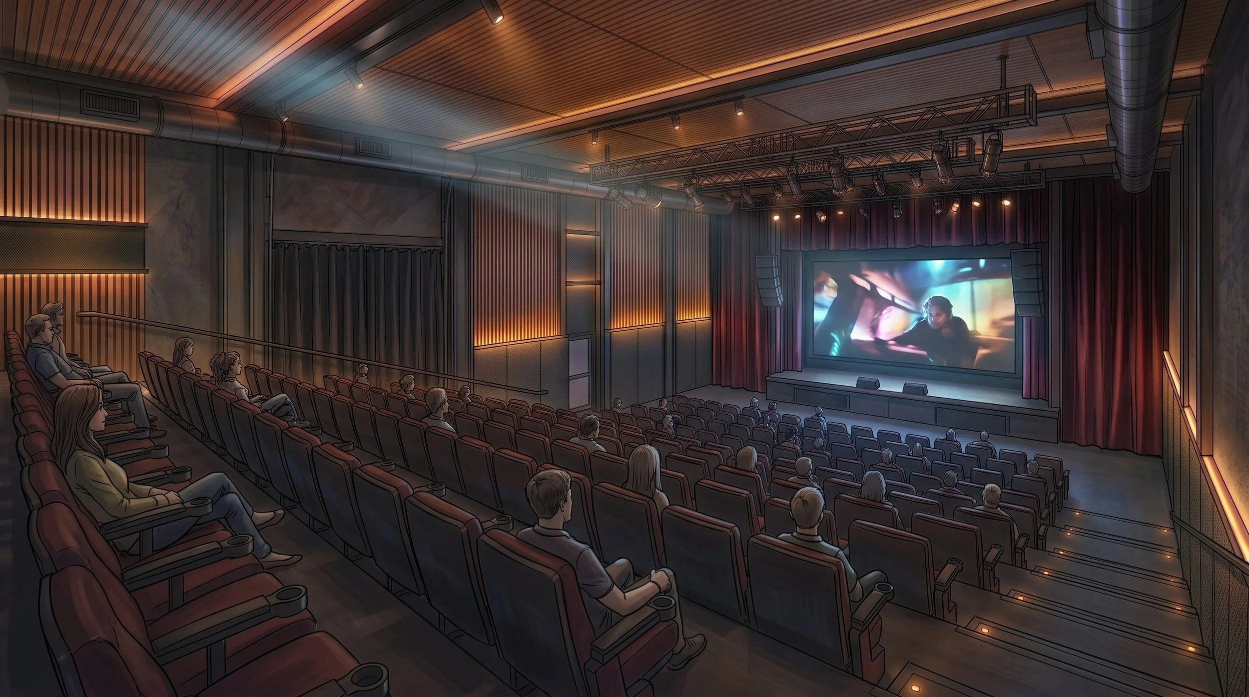 Concept rendering: Theater. Film night: the rows rise up and face the big screen.