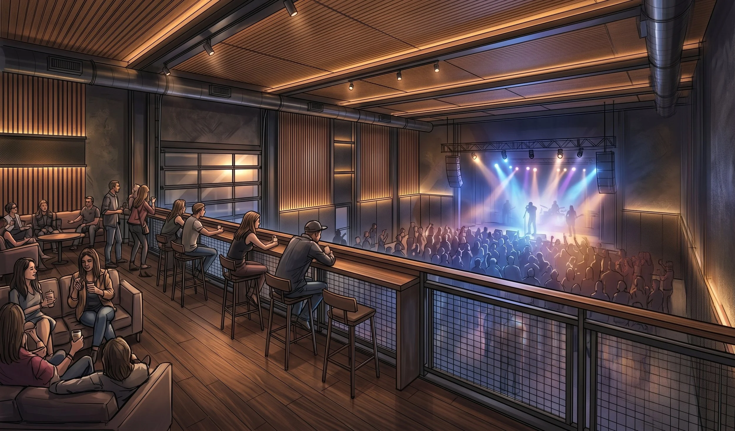 Concept rendering: Concert. A standing-room show, with the balcony lounge above.